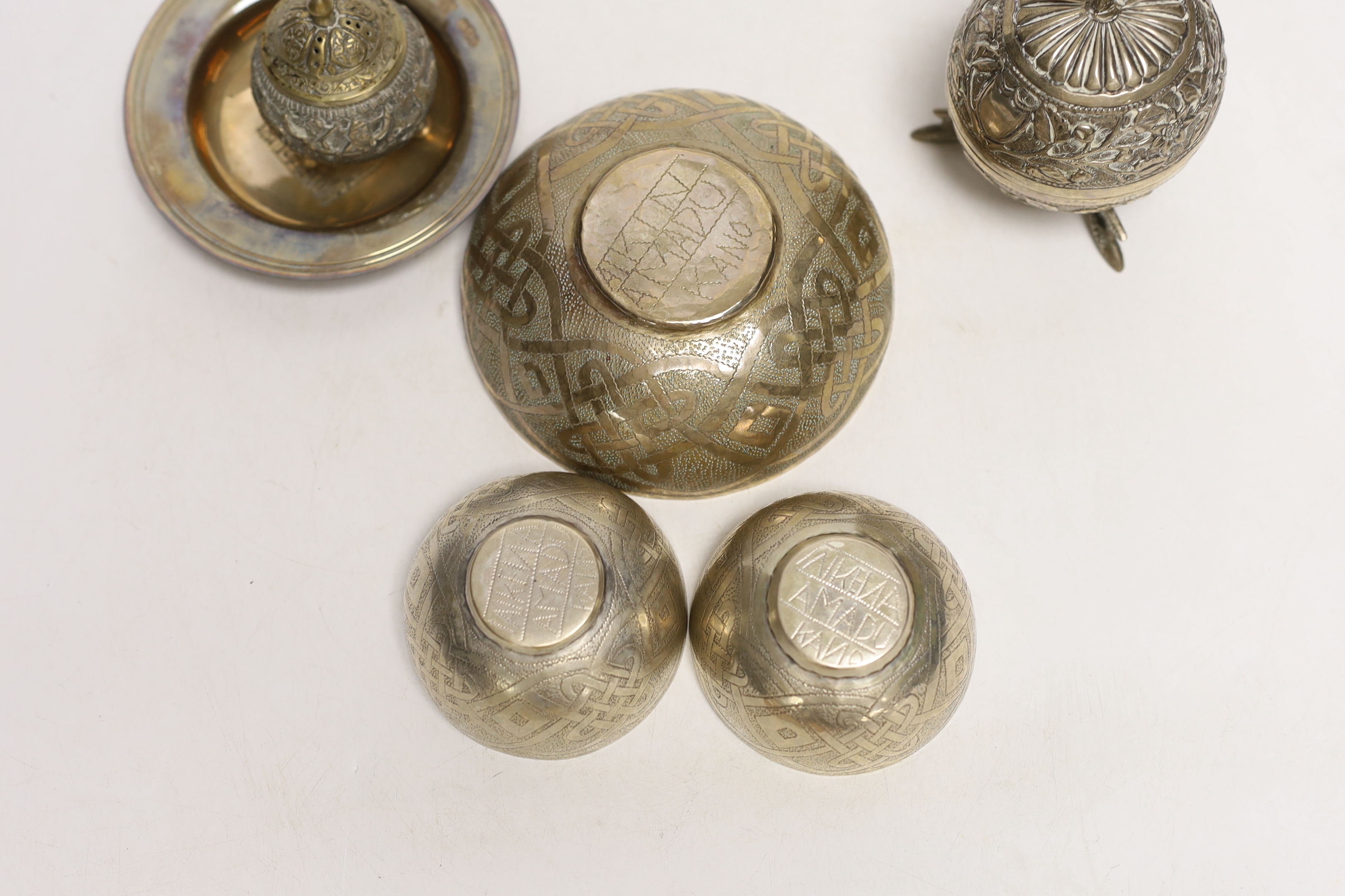 A boxed modern silver dish, three continental bowls and two Persian small boxes and covers.